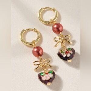 Francesca's Stacey Floral Heart Drop Bow Earrings, Maroon & Gold Colored